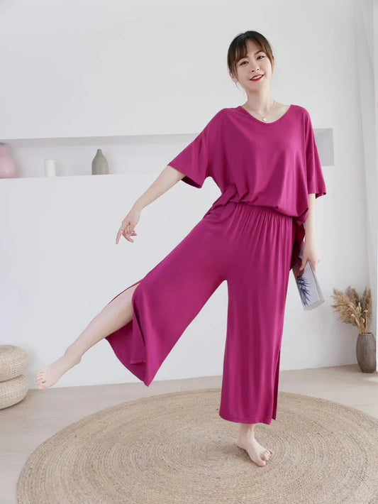 Shocking Pink V-Neck Quarter Sleeves with Cut Style Pajama