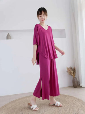 Shocking Pink V-Neck Quarter Sleeves with Cut Style Pajama