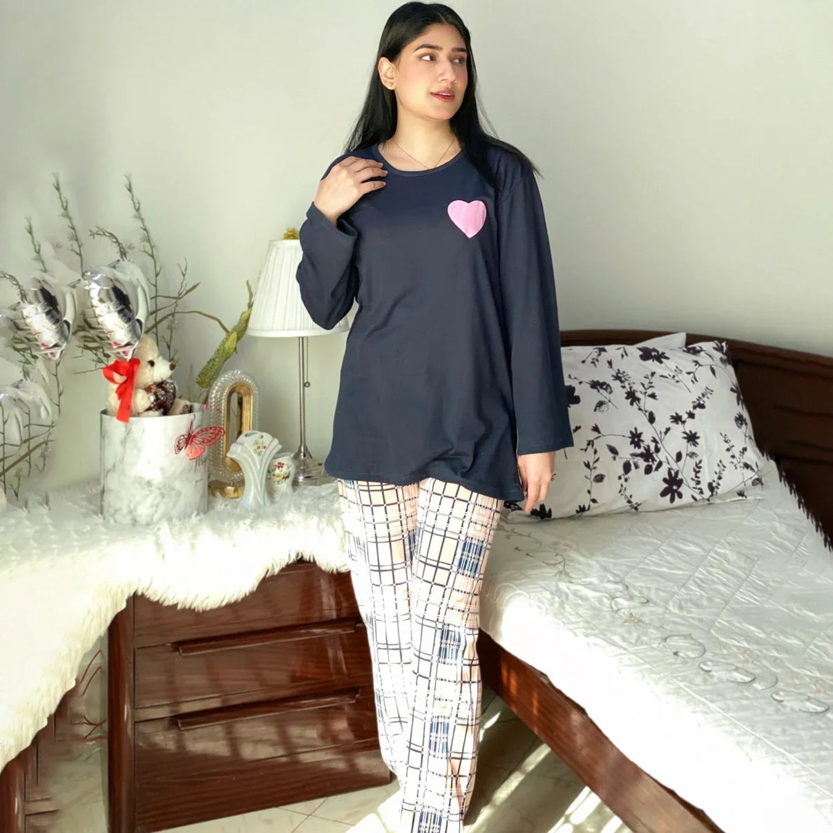 Blue Pink Check Style Nightwear Set