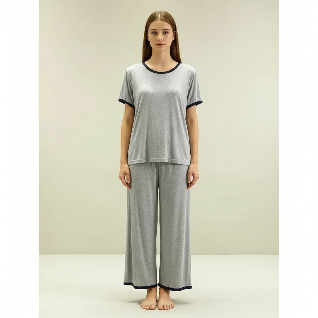 Plain Grey T-Shirt with Black Round Neck and Plazo Pajama