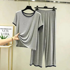 Plain Grey T-Shirt with Black Round Neck and Plazo Pajama