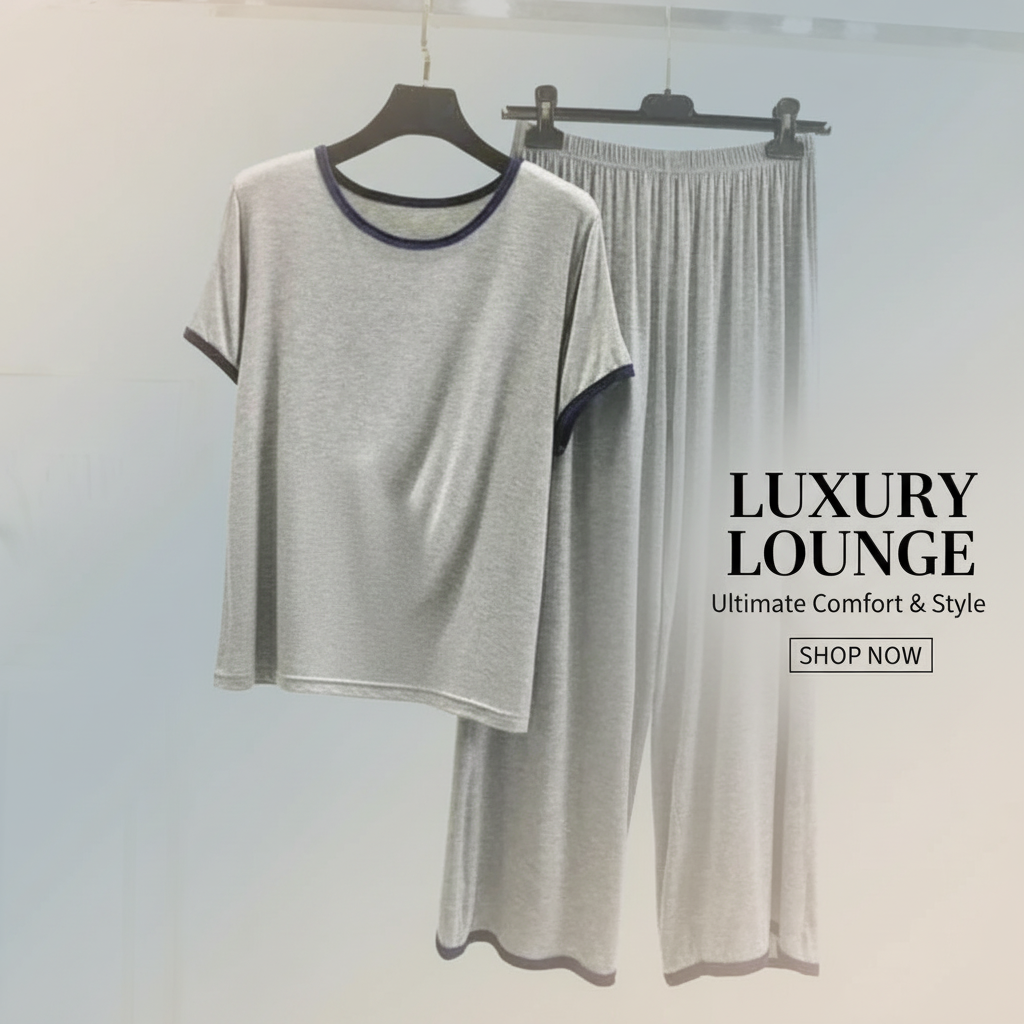 Plain Grey T-Shirt with Black Round Neck and Plazo Pajama