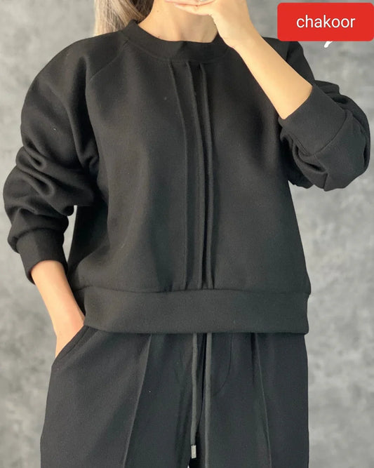 Winter Fleece Co-Ord – Stylish Black 2-Piece Set with Cocoon Pants & Sweatshirt