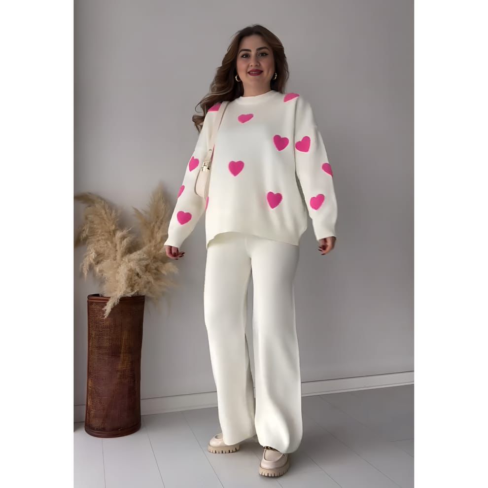 Premium Quality Winter Heart Printed Warm Fleece Co Ord Set For Women