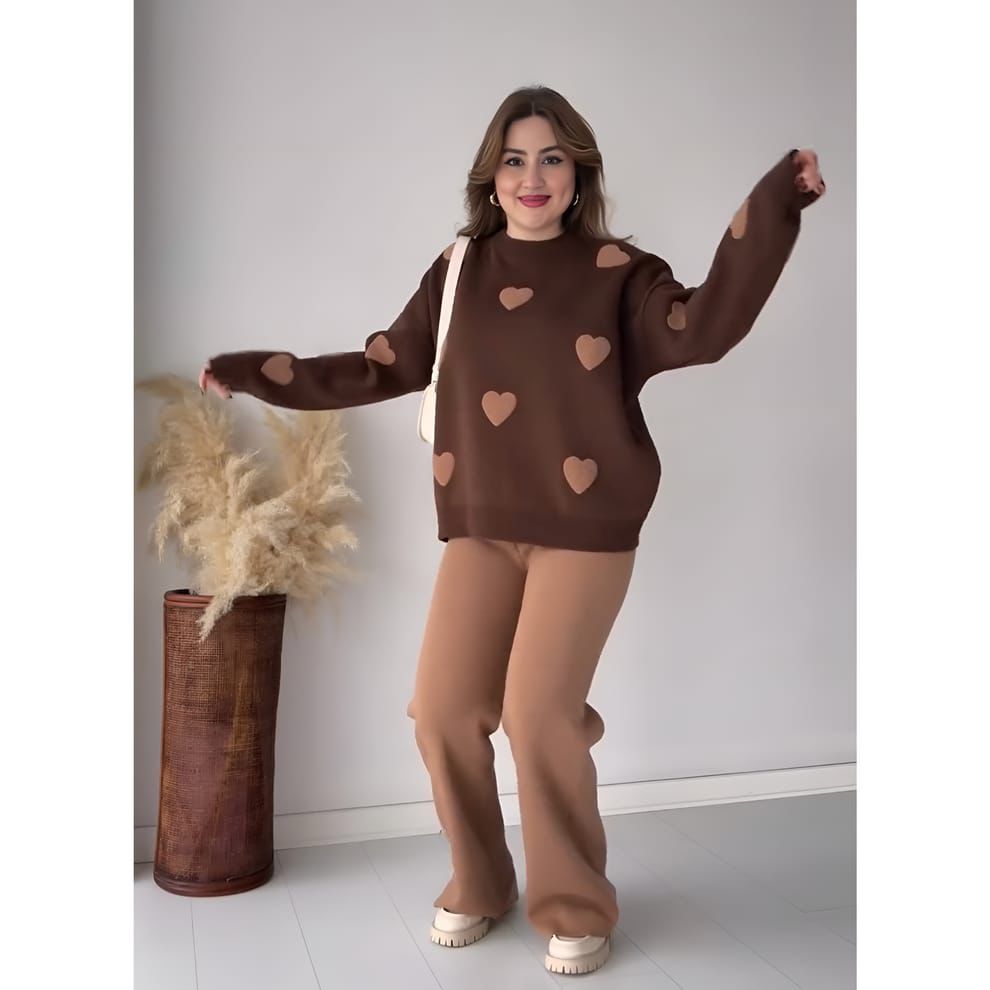Premium Quality Winter Heart Printed Warm Fleece Co Ord Set For Women