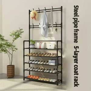 2 in 1 Metal Space Saving Entryway Coat and Shoe Racks Storage Organizer For Home Dorms and Apartments