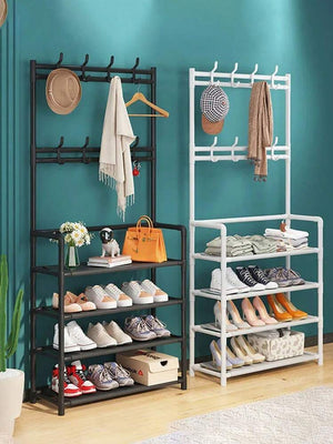 2 in 1 Metal Space Saving Entryway Coat and Shoe Racks Storage Organizer For Home Dorms and Apartments