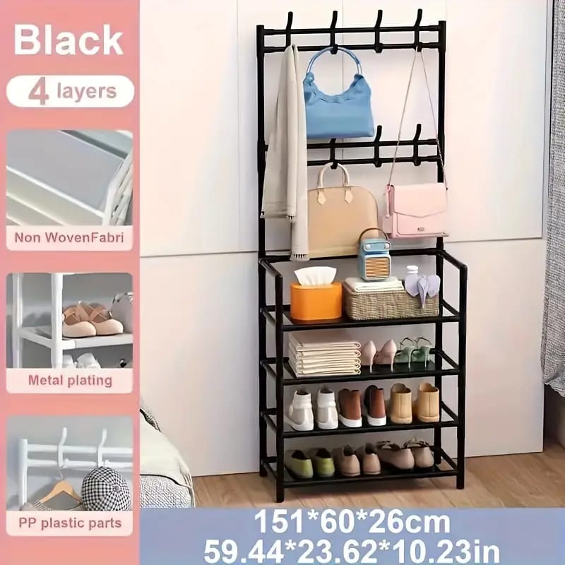 2 in 1 Metal Space Saving Entryway Coat and Shoe Racks Storage Organizer For Home Dorms and Apartments
