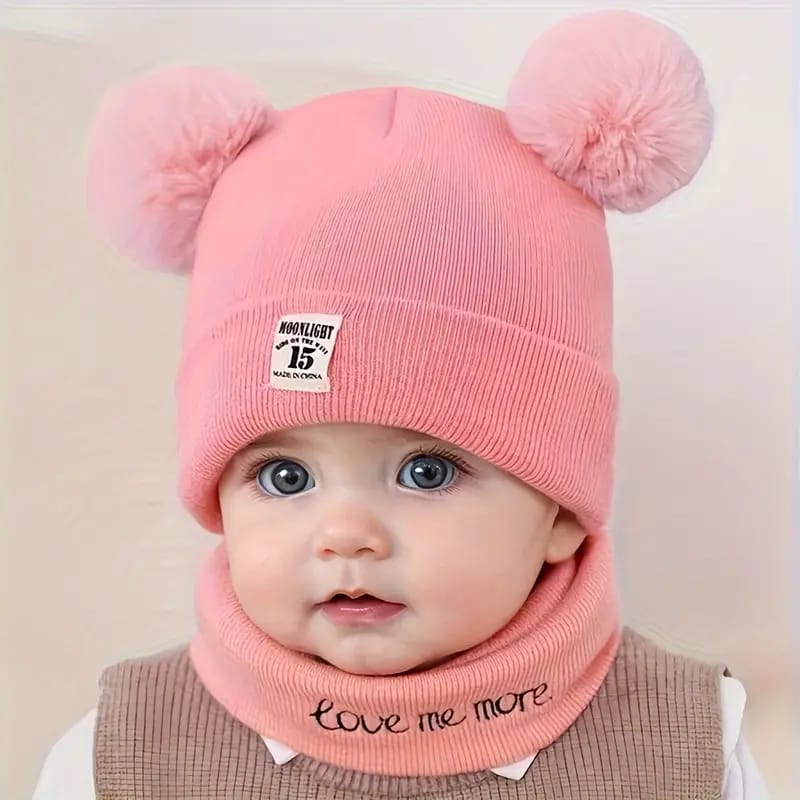 Woolen Warm Double Pom Pom Cap Beanie Hat and Muffler Winter Accessories for Baby Boys and Girls