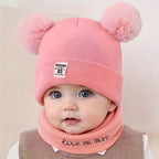 Woolen Warm Double Pom Pom Cap Beanie Hat and Muffler Winter Accessories for Baby Boys and Girls