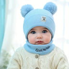 Woolen Warm Double Pom Pom Cap Beanie Hat and Muffler Winter Accessories for Baby Boys and Girls