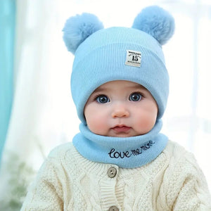 Woolen Warm Double Pom Pom Cap Beanie Hat and Muffler Winter Accessories for Baby Boys and Girls