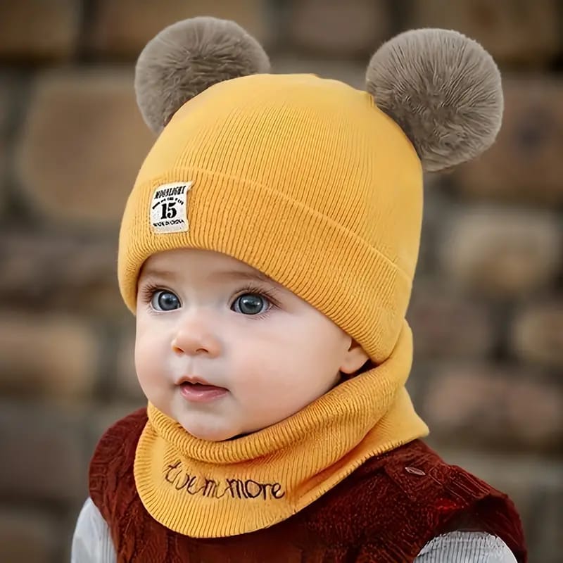 Woolen Warm Double Pom Pom Cap Beanie Hat and Muffler Winter Accessories for Baby Boys and Girls