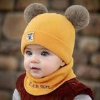 Woolen Warm Double Pom Pom Cap Beanie Hat and Muffler Winter Accessories for Baby Boys and Girls