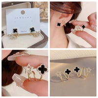 Gold Plated Stone Decor Star Four Leaf Clover Korean Earrings Black Cubic Zirconia Alloy Earring Set For Women