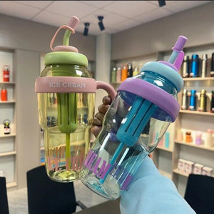 Ice Cream Water Bottle with Straw & Handle – Aesthetic Double-Layer Tumbler | Leakproof & BPA-Free