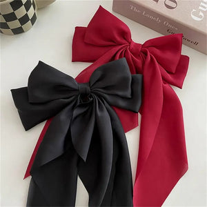 Pack of 2 Elegant Bow Ribbon Hair Clip Fashion Simple Solid Satin Spring Clip Hair Pin Retro Headband with Clips Girls Hair Accessories