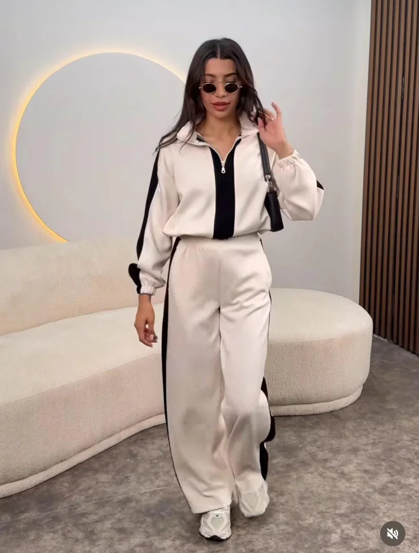 Zipper Twin Color Winter Fleece Fabric Track Suit Beige and Black