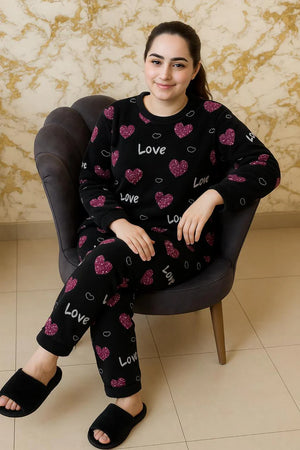 Winter Black Love Heart Co-Ord Set Night Suit