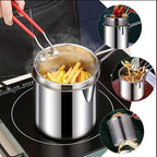 Multi Functional Stainless Steel Rust Resistant 1200ML Deep Fryer Pot with Strainer Basket and Long Handle Kitchen Oil Frying Pot Kettle for Home Use