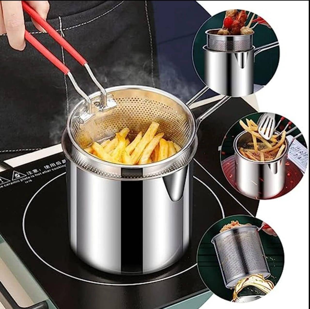 Multi Functional Stainless Steel Rust Resistant 1200ML Deep Fryer Pot with Strainer Basket and Long Handle Kitchen Oil Frying Pot Kettle for Home Use