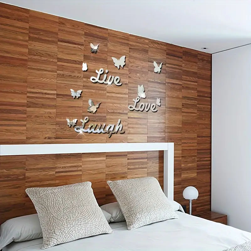 Three Dimensional 3D Letters Love Live Laugh with Butterfly Self Adhesive Mirror Wall Decals Stickers Set For Home Decoration