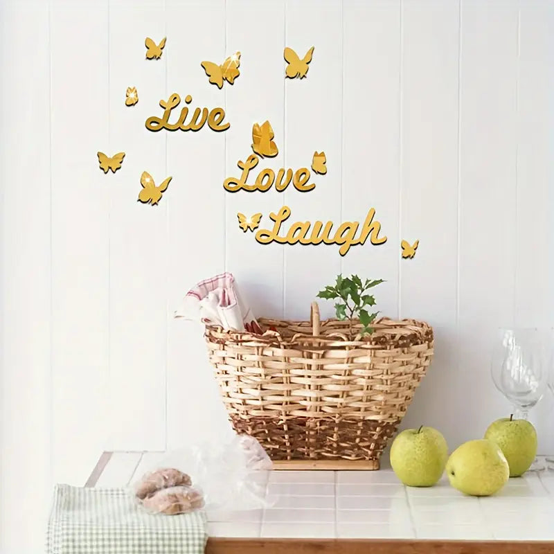 Three Dimensional 3D Letters Love Live Laugh with Butterfly Self Adhesive Mirror Wall Decals Stickers Set For Home Decoration