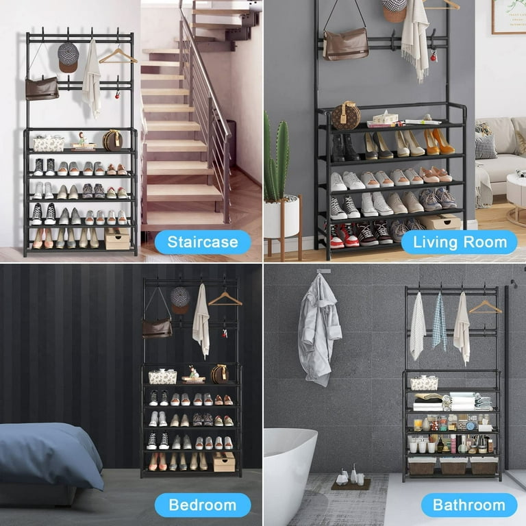 2 in 1 Metal Space Saving Entryway Coat and Shoe Racks Storage Organizer For Home Dorms and Apartments