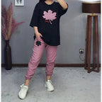 Plain Black with Pink Track Suit – Round Neck Half Sleeves T-Shirt and Trouser Suit for Women