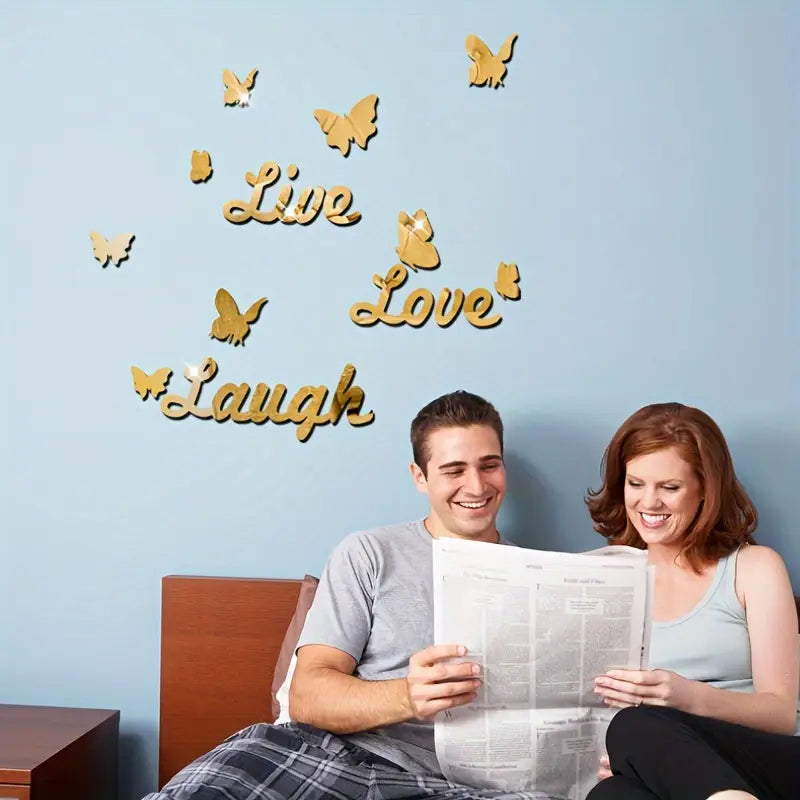 Three Dimensional 3D Letters Love Live Laugh with Butterfly Self Adhesive Mirror Wall Decals Stickers Set For Home Decoration