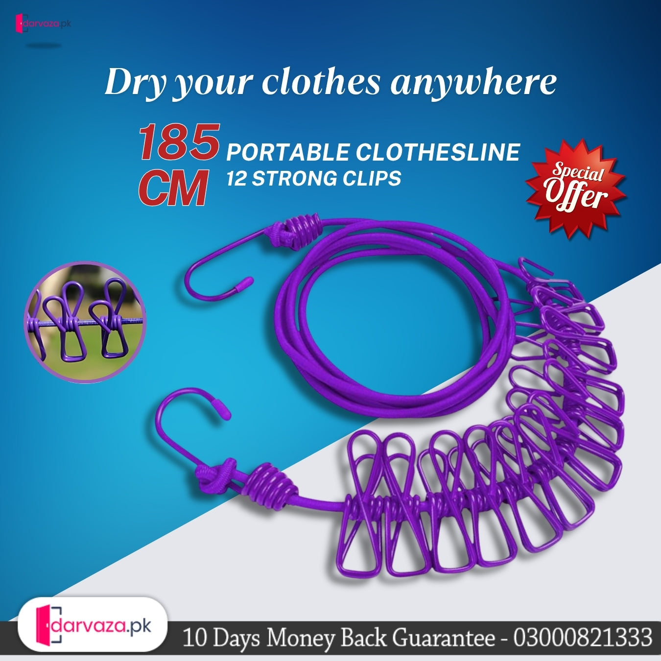 Portable Clothesline 185CM with 12pcs Clips for Home Backyard Hotel Balcony Clothes Drying Line, Outdoor Indoor Use