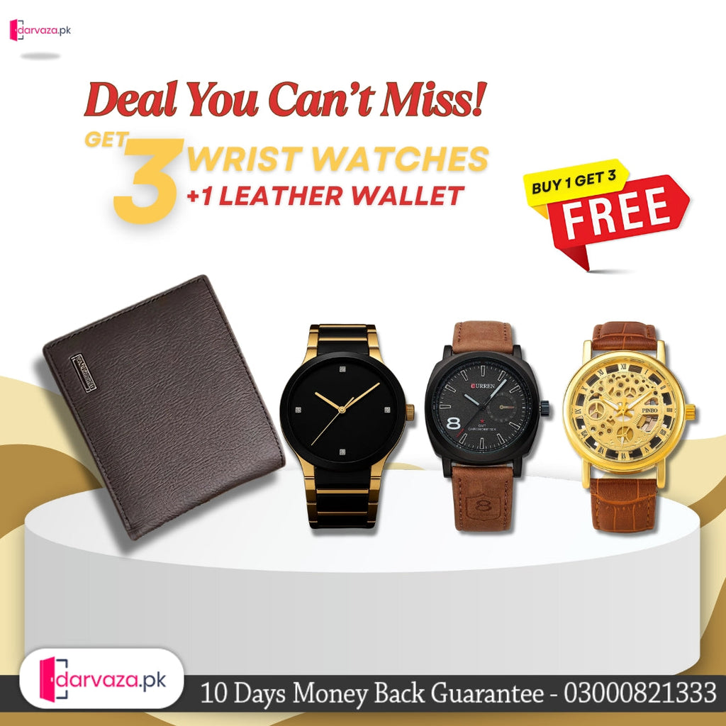 Buy 1 Get 3 Free Deal 3 Wrist Watches & 1 Original Leather Wallet