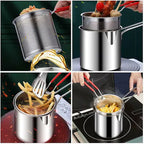 Multi Functional Stainless Steel Rust Resistant 1200ML Deep Fryer Pot with Strainer Basket and Long Handle Kitchen Oil Frying Pot Kettle for Home Use