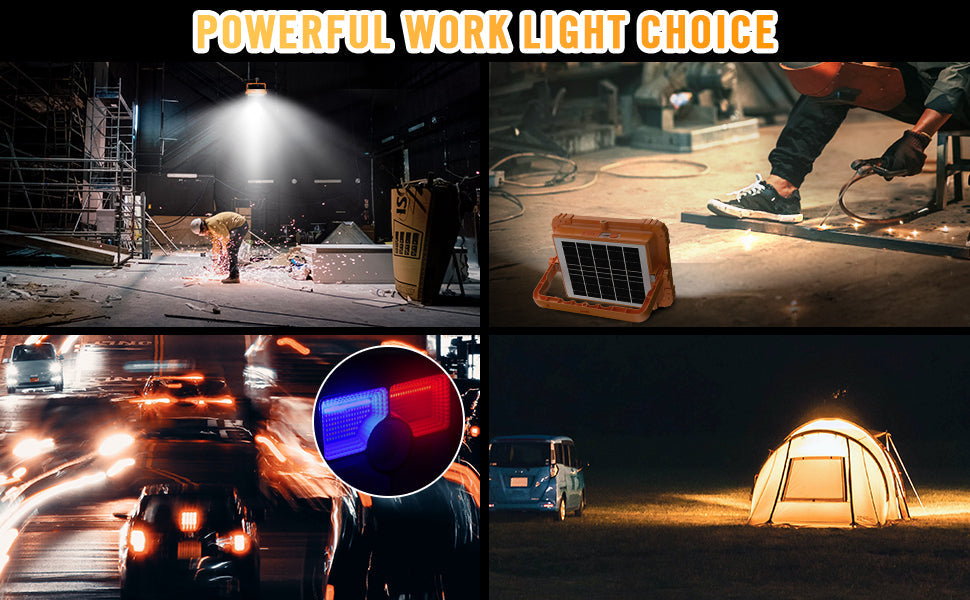 Heavy Duty Portable 100W Rechargeable Work Light with Solar Panel and 5 Modes IP66 Waterproof for Fishing Hiking Repairing