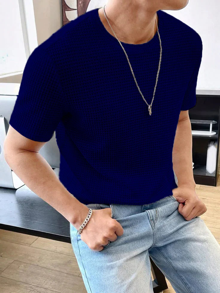 Waffle Knitted T-Shirt – NAVY BLUE
