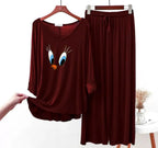 Maroon Daffy Duck V-Neck Women Night Suit PJ Set