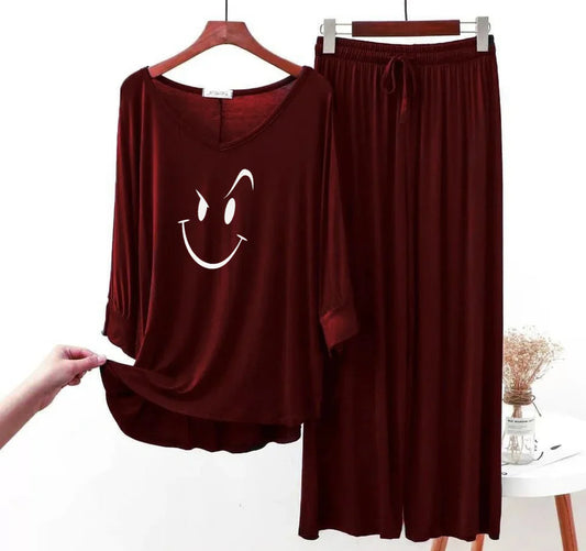 Maroon Smiley Face V-Neck Women Night Suit PJ Set