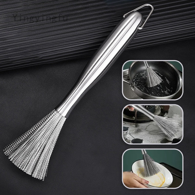 (Pack of 2) Multifunctional Long Handle Stainless Steel Pot Cleaning Brush Tool for Kitchen Use