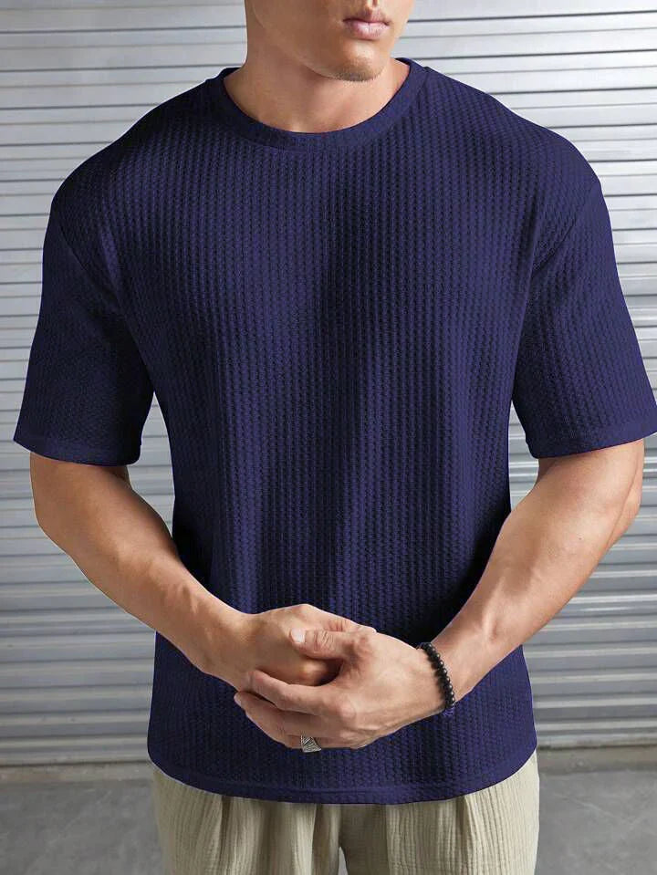 Oversized Waffle Knit Tee for Men – NAVY BLUE