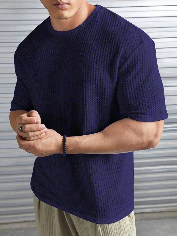 Oversized Waffle Knit Tee for Men – NAVY BLUE