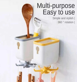 360 Degree Rotating Wall Mounted Self Adhesive Hanging Hook with Storage Box Organizer Holder For Kitchen Use