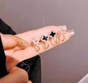 Gold Plated Stone Decor Star Four Leaf Clover Korean Earrings Black Cubic Zirconia Alloy Earring Set For Women