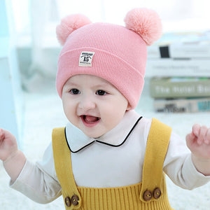 Woolen Warm Double Pom Pom Cap Beanie Hat and Muffler Winter Accessories for Baby Boys and Girls